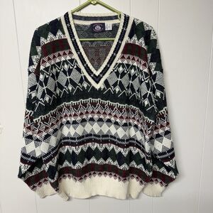 Vtg Aspetuck Trading Co Multi Color Geometric Pattern V-Neck Sweater USA Men XL